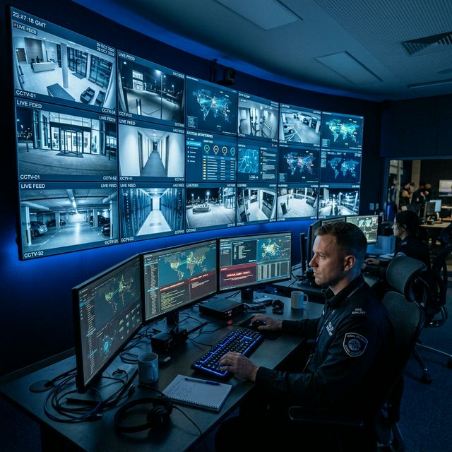 Security control room with multiple CCTV feeds