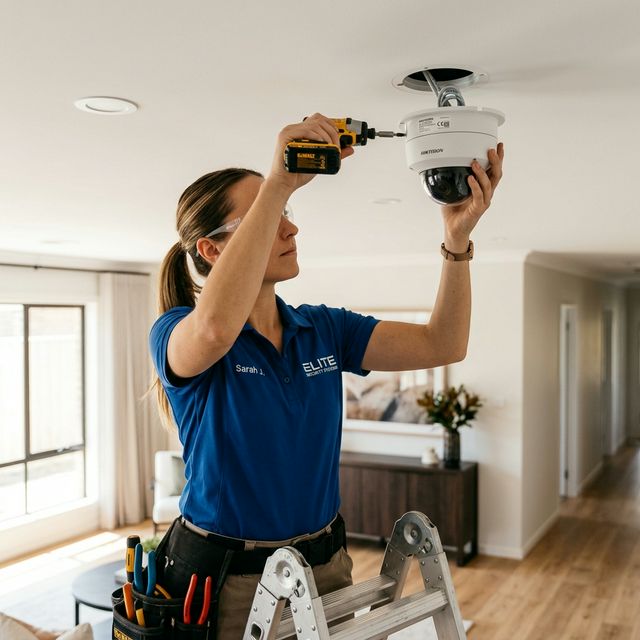 Technician installing dome CCTV camera